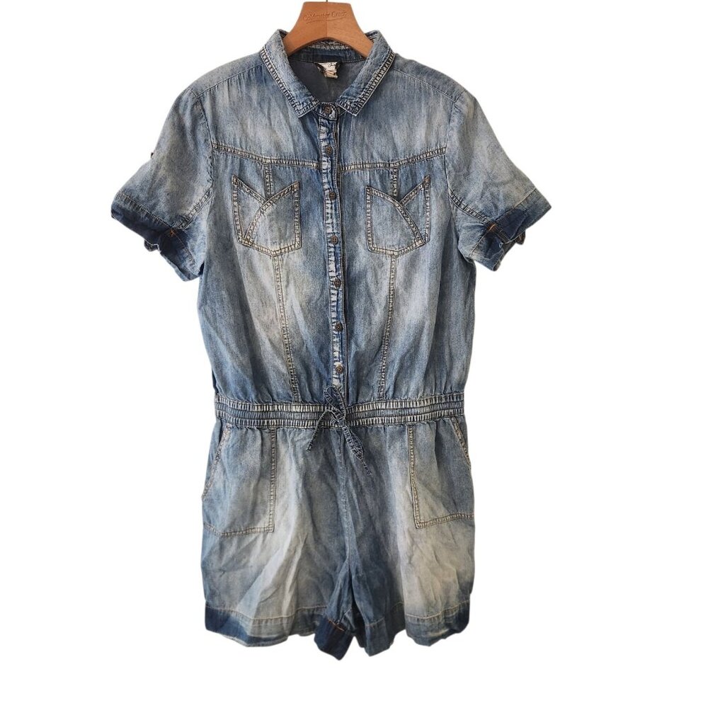 Beige By eci Denim Romper Short Sleeve Button Up One Piece‎ Blue Washed Large